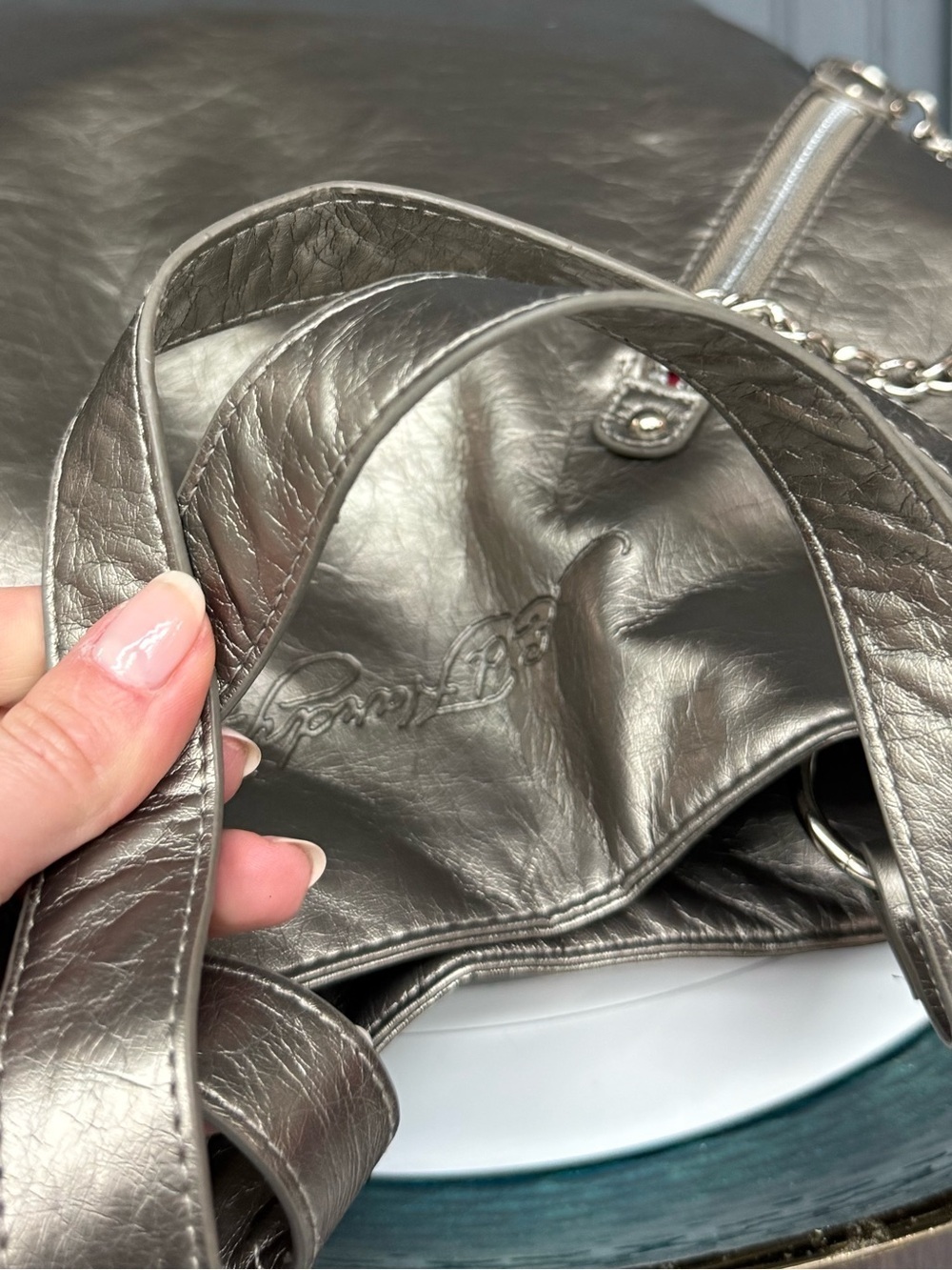Ed Hardy Metallic Silver Tote with Skull Chain Accent Oversized Large Tote Bag - Picture 10 of 17